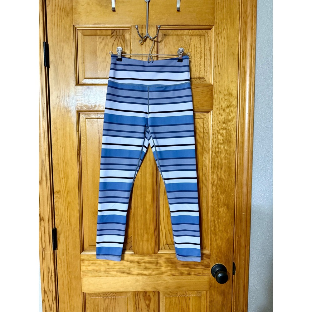 ZYIA Active Striped Light Blue Gray White High Waisted Crop Leggings